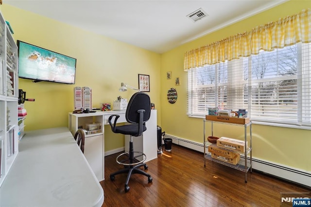 office area featuring a baseboard heating unit, hardwood / wood-style flooring, and visible vents