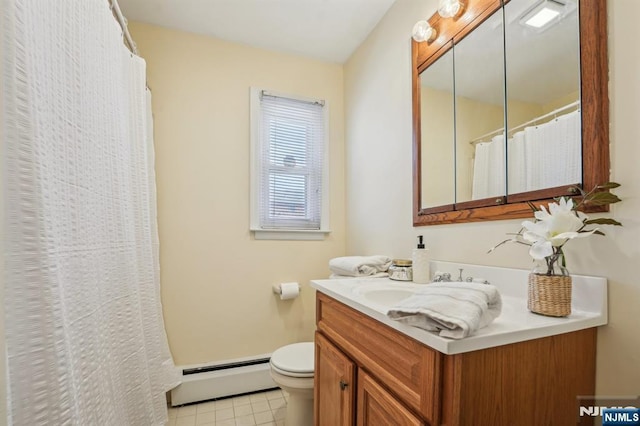 bathroom featuring curtained shower, toilet, baseboard heating, vanity, and tile patterned flooring