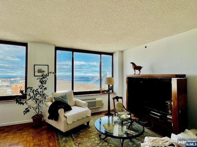 living area with a textured ceiling, a wall mounted AC, and baseboards