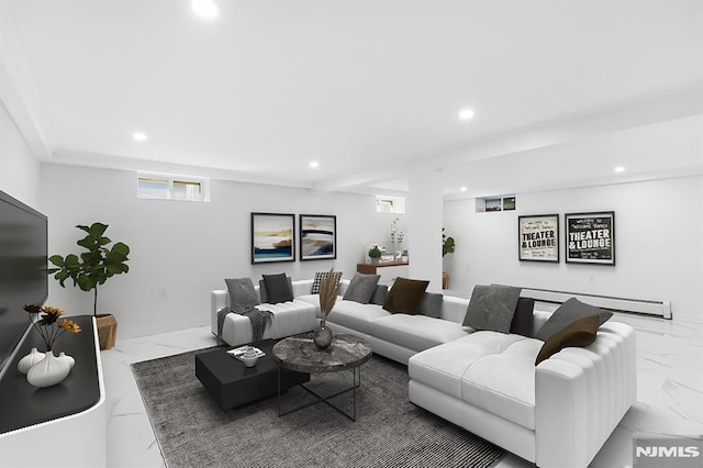 living area featuring marble finish floor, a baseboard radiator, and recessed lighting