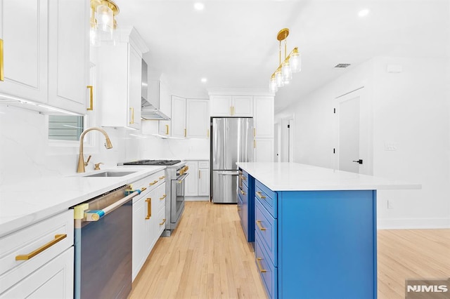 kitchen featuring stainless steel appliances, white cabinets, a sink, wall chimney range hood, and blue cabinets