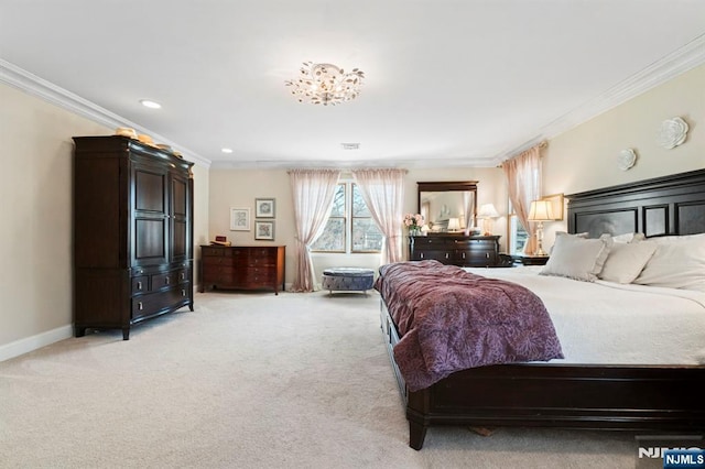 bedroom with light carpet, crown molding, and baseboards