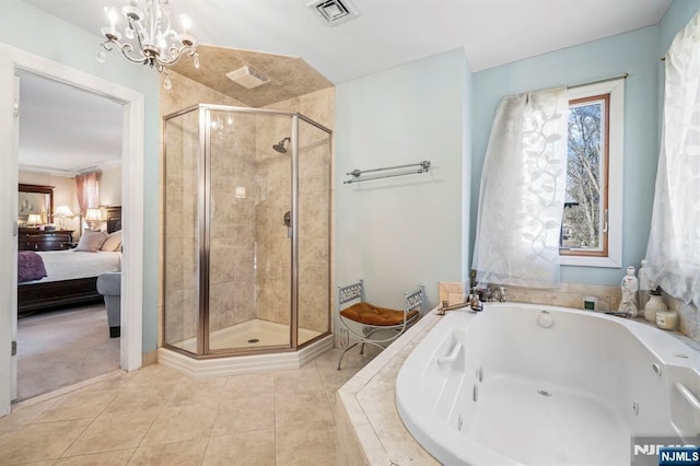 full bath featuring visible vents, connected bathroom, a tub with jets, tile patterned flooring, and a shower stall