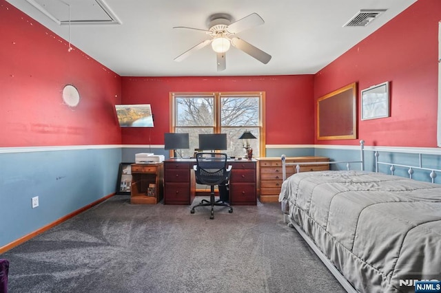 bedroom featuring carpet, attic access, visible vents, and baseboards