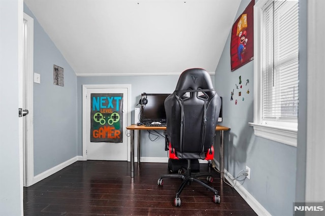 office area with lofted ceiling, baseboards, and wood finished floors