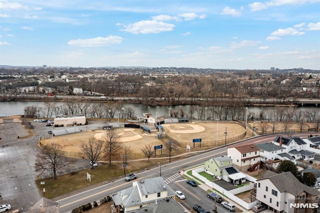 bird's eye view with a water view