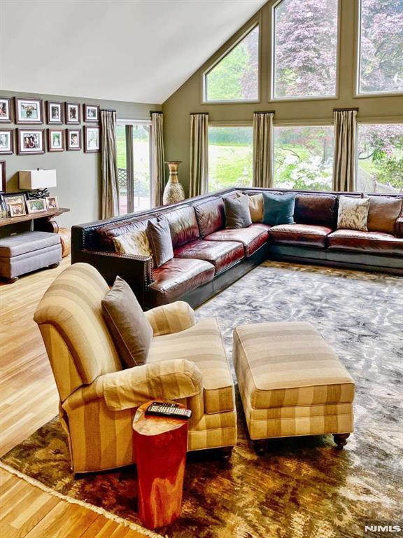 living area featuring high vaulted ceiling and wood finished floors