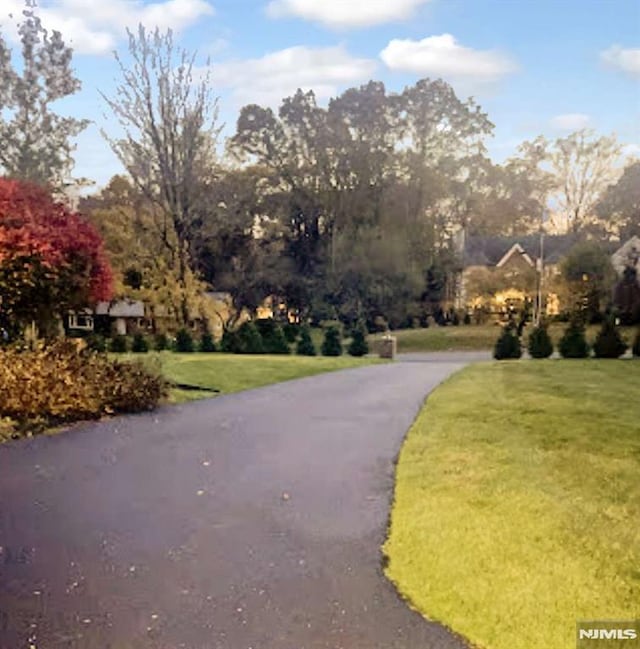 view of property's community featuring aphalt driveway and a lawn