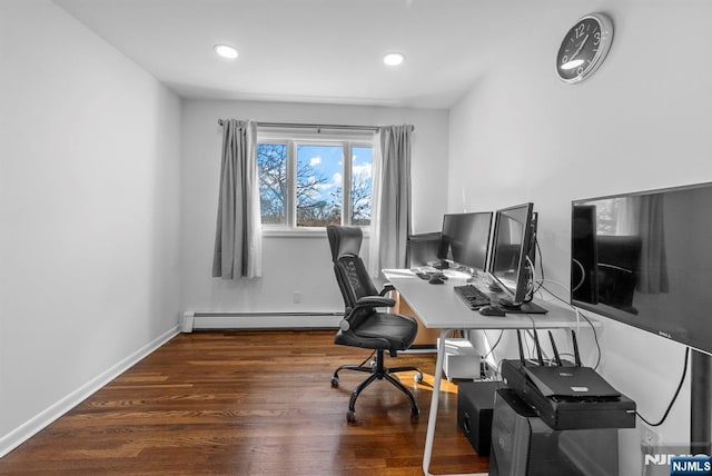 home office with a baseboard heating unit, baseboards, wood finished floors, and recessed lighting