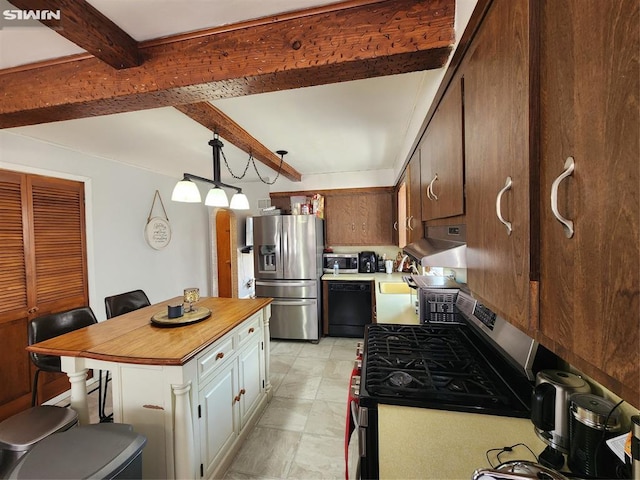 kitchen with beam ceiling, stainless steel appliances, wood counters, a kitchen bar, and exhaust hood