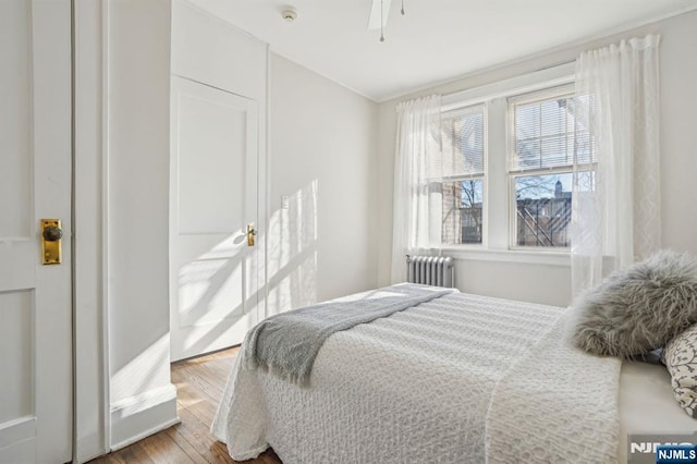 bedroom with radiator heating unit and wood finished floors