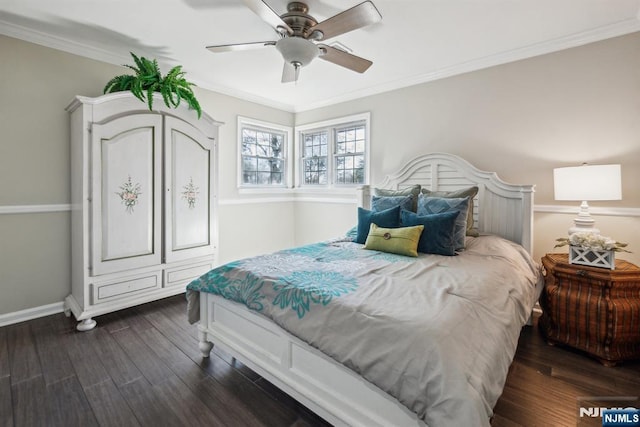 bedroom featuring ceiling fan, baseboards, dark wood finished floors, and ornamental molding