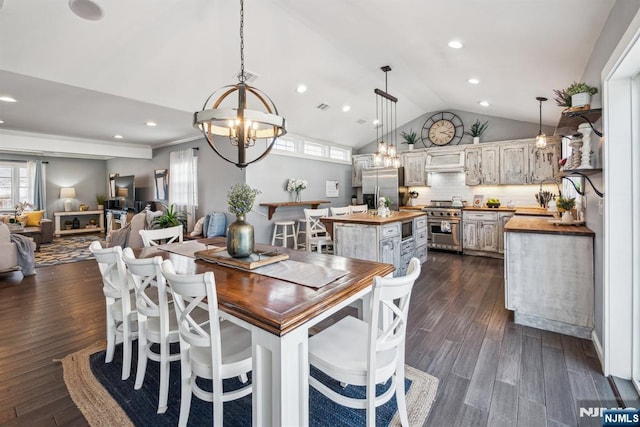 dining area with visible vents, a notable chandelier, dark wood-type flooring, recessed lighting, and lofted ceiling