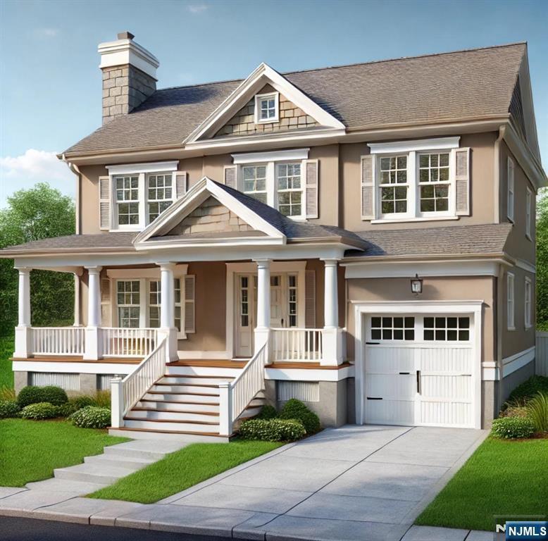 view of front of home with a chimney, a porch, a shingled roof, an attached garage, and driveway