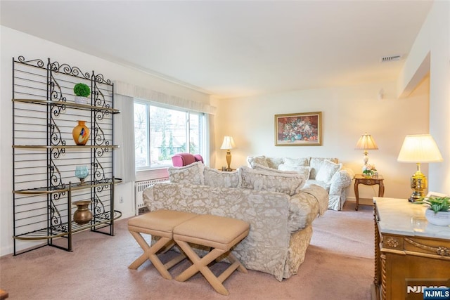 bedroom featuring radiator heating unit, carpet, and visible vents