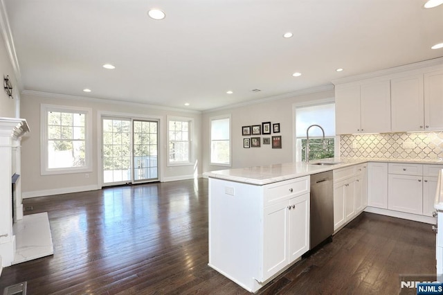 kitchen featuring dishwasher, ornamental molding, decorative backsplash, and a sink