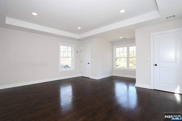 empty room featuring a raised ceiling, visible vents, and plenty of natural light