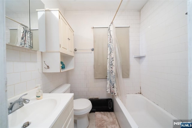 bathroom with toilet, tile walls, shower / bath combination with curtain, decorative backsplash, and vanity