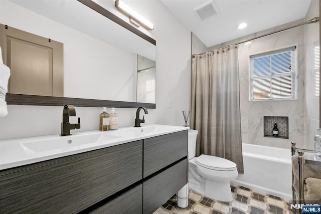 full bath featuring toilet, a sink, visible vents, double vanity, and shower / bath combination with curtain