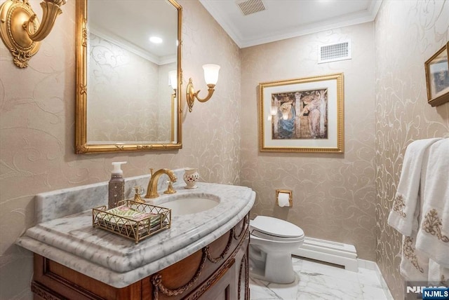 half bathroom featuring toilet, marble finish floor, visible vents, and vanity