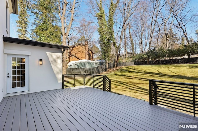 wooden deck featuring a lawn and a fenced backyard