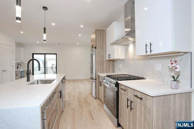 kitchen with wall chimney exhaust hood, appliances with stainless steel finishes, a sink, light wood-type flooring, and backsplash