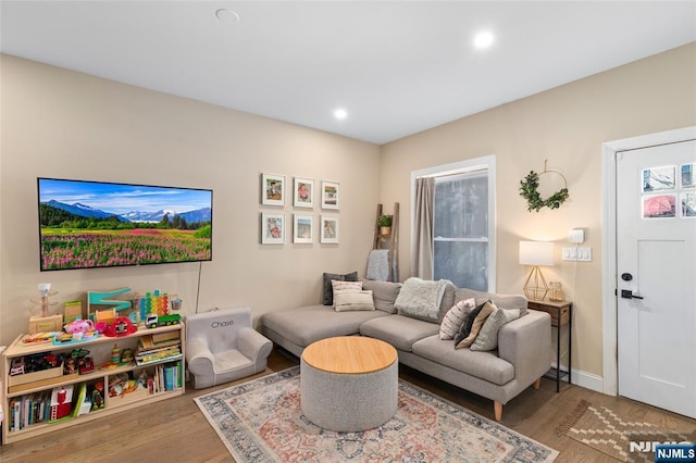 living room featuring baseboards, wood finished floors, and recessed lighting