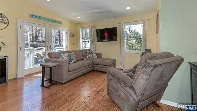 living room featuring french doors, a healthy amount of sunlight, and light wood-style flooring