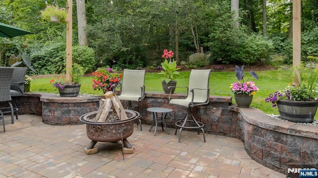 view of patio / terrace featuring an outdoor fire pit