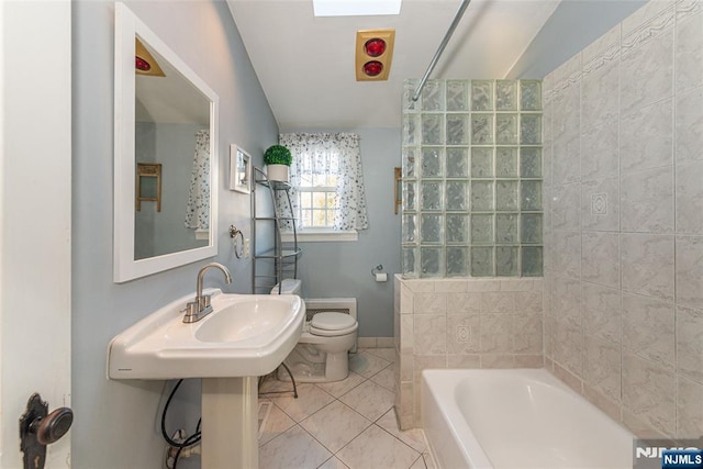 full bathroom featuring a bathing tub, walk in shower, and tile patterned floors