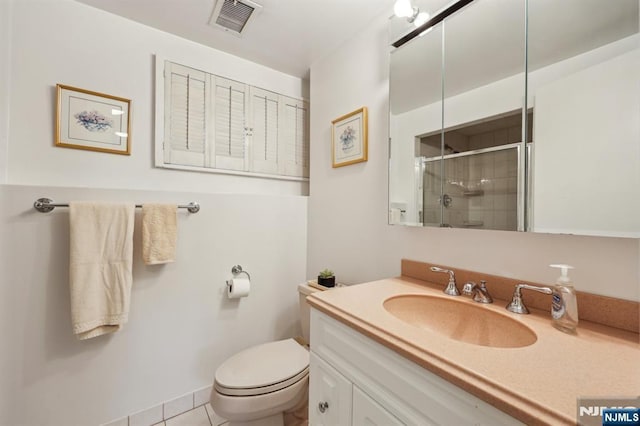 full bath with toilet, a stall shower, visible vents, and vanity