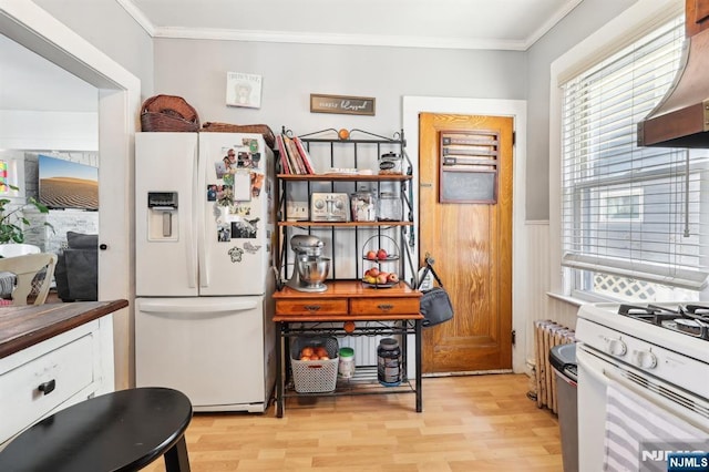 kitchen with white appliances, radiator heating unit, ventilation hood, crown molding, and light wood-type flooring