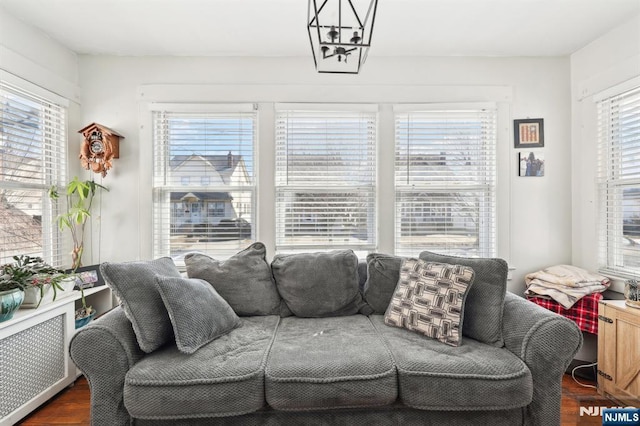 living room featuring a chandelier, dark wood-style flooring, and radiator heating unit