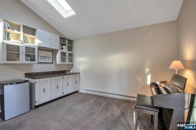 kitchen with lofted ceiling with skylight, a baseboard radiator, refrigerator, carpet floors, and open shelves