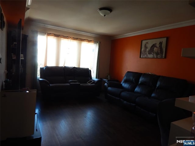 living room featuring wood finished floors and ornamental molding