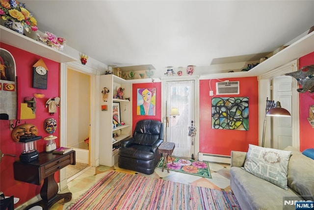 living area featuring a baseboard radiator, an AC wall unit, and tile patterned floors