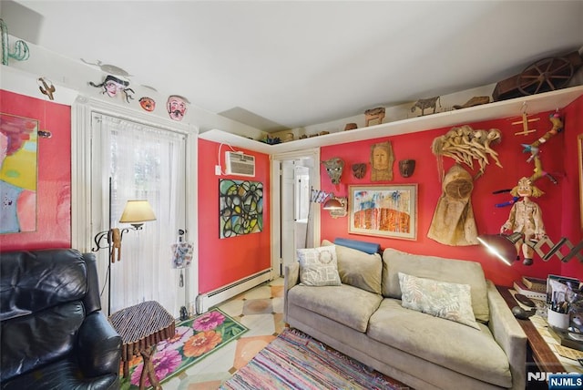 living room with a baseboard heating unit and a wall mounted air conditioner