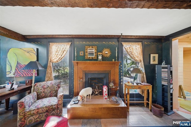 living area featuring a fireplace