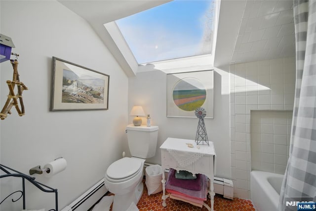 bathroom featuring toilet, shower / tub combo, tile patterned flooring, and a baseboard heating unit