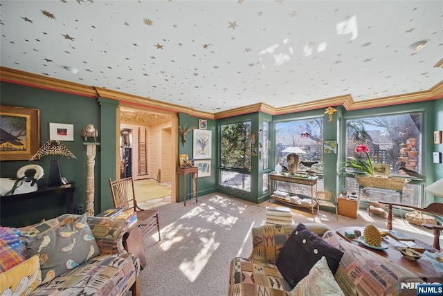 interior space with ornamental molding, carpet, and a wealth of natural light