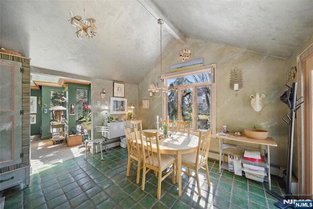 dining space with a healthy amount of sunlight and lofted ceiling with beams