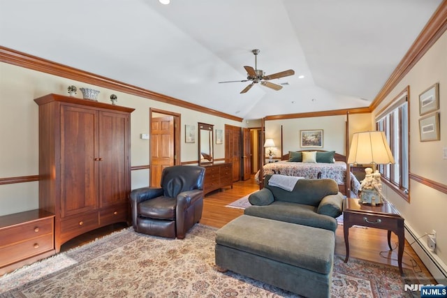 bedroom with wood finished floors, lofted ceiling, recessed lighting, ceiling fan, and crown molding