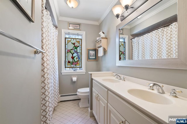 full bathroom with toilet, ornamental molding, a baseboard radiator, and a sink