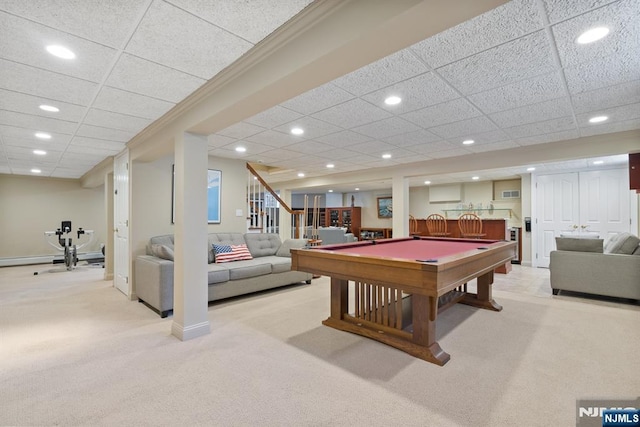 playroom featuring light carpet, recessed lighting, billiards, and indoor bar