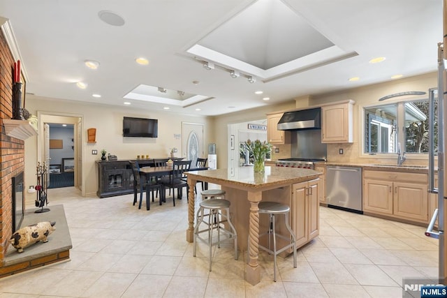 kitchen with ventilation hood, a tray ceiling, light brown cabinetry, stainless steel dishwasher, and a center island