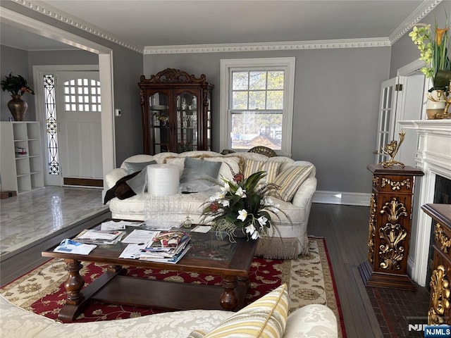 living room with ornamental molding, a fireplace, baseboards, and wood finished floors