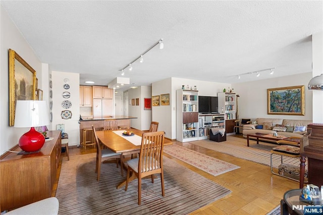 dining room with track lighting and a textured ceiling