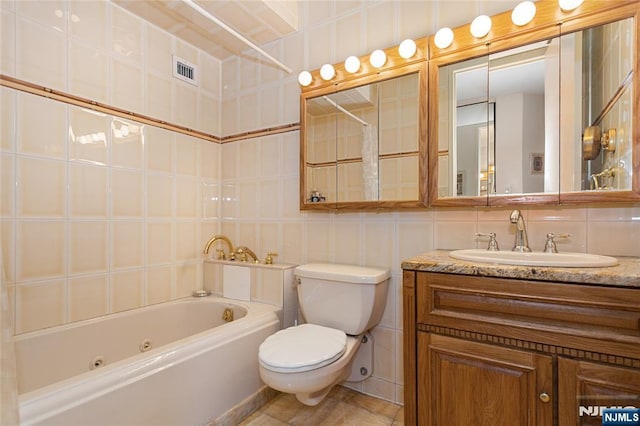 full bathroom with backsplash, tile walls, toilet, and vanity