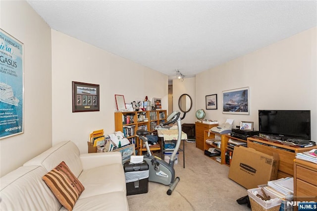 office area with light carpet and a textured ceiling