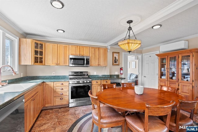 kitchen with a wall unit AC, a sink, ornamental molding, appliances with stainless steel finishes, and glass insert cabinets